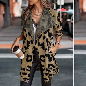 SHEIN TAN AND BLACK LEOPARD PRINT WATERFALL COLLAR LONG CARDIGAN SIZE SMALL